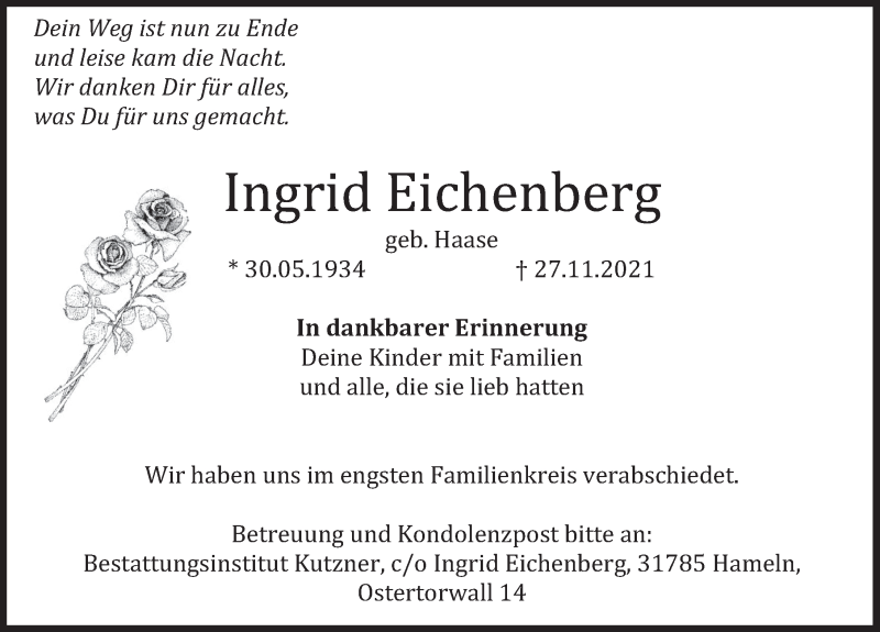  Traueranzeige für Ingrid Eichenberg vom 04.12.2021 aus Deister- und Weserzeitung
