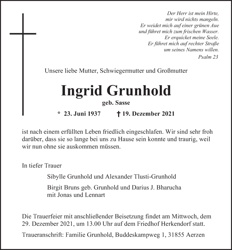  Traueranzeige für Ingrid Grunhold vom 24.12.2021 aus Deister- und Weserzeitung