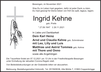 Traueranzeige von Ingrid Kehne von Deister- und Weserzeitung