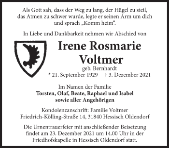 Traueranzeige von Irene Rosmarie Voltmer von Deister- und Weserzeitung