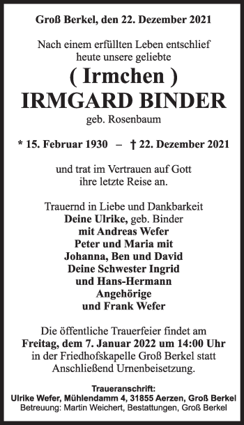 Traueranzeige von Irmgard Binder von Deister- und Weserzeitung