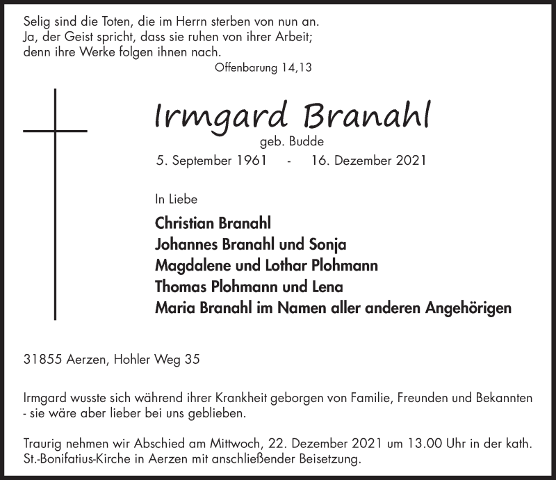  Traueranzeige für Irmgard Branahl vom 18.12.2021 aus Deister- und Weserzeitung