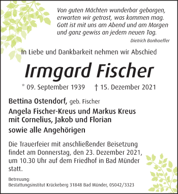 Traueranzeige von Irmgard Fischer von Neue Deister-Zeitung