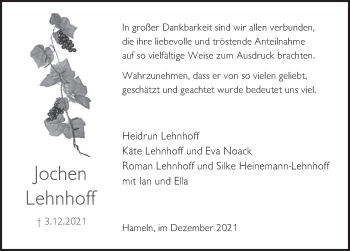 Traueranzeige von Jochen Lehnhoff von Deister- und Weserzeitung