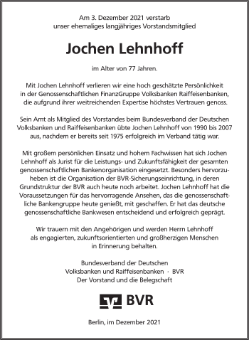 Traueranzeige von Jochen Lehnhoff von Deister- und Weserzeitung