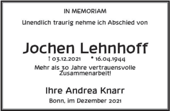 Traueranzeige von Jochen Lehnhoff von Deister- und Weserzeitung