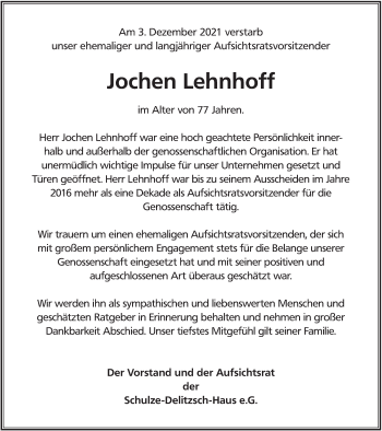 Traueranzeige von Jochen Lehnhoff von Deister- und Weserzeitung