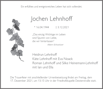 Traueranzeige von Jochen Lehnhoff von Deister- und Weserzeitung