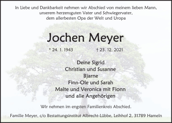 Traueranzeige von Jochen Meyer von Deister- und Weserzeitung