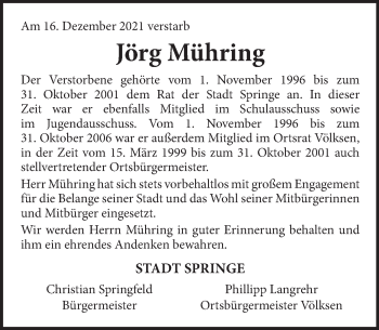 Traueranzeige von Jörg Mühring von Neue Deister-Zeitung