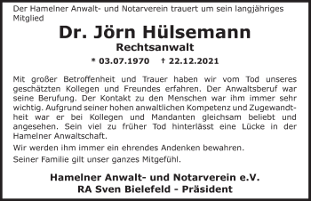 Traueranzeige von Jörn Hülsemann von Deister- und Weserzeitung