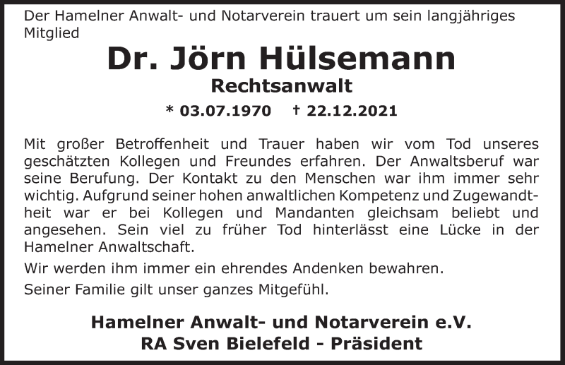  Traueranzeige für Jörn Hülsemann vom 31.12.2021 aus Deister- und Weserzeitung