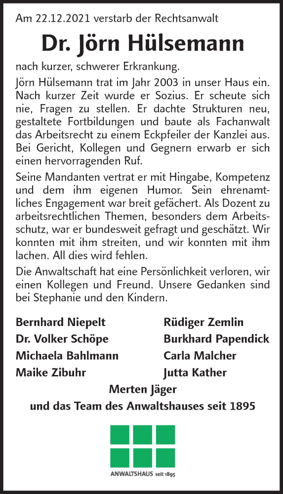  Traueranzeige für Jörn Hülsemann vom 31.12.2021 aus Deister- und Weserzeitung