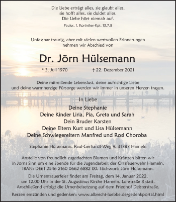 Traueranzeige von Jörn Hülsemann von Deister- und Weserzeitung