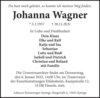 Traueranzeige von Johanna Wagner von Neue Deister-Zeitung