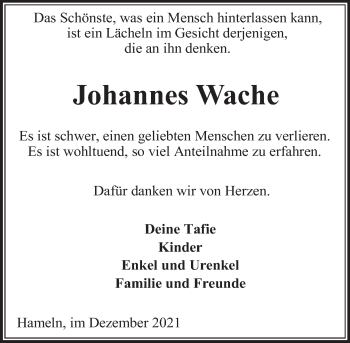 Traueranzeige von Johannes Wache von Deister- und Weserzeitung