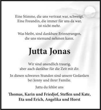 Traueranzeige von Jutta Jonas von Deister- und Weserzeitung