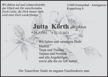 Traueranzeige von Jutta Körth von Deister- und Weserzeitung