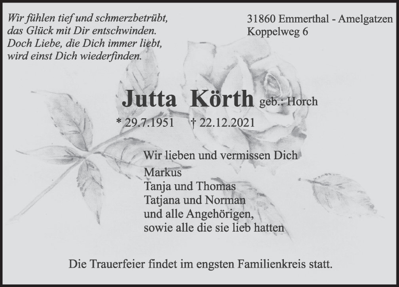  Traueranzeige für Jutta Körth vom 24.12.2021 aus Deister- und Weserzeitung