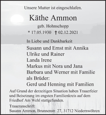 Traueranzeige von Käthe Ammon von Deister- und Weserzeitung