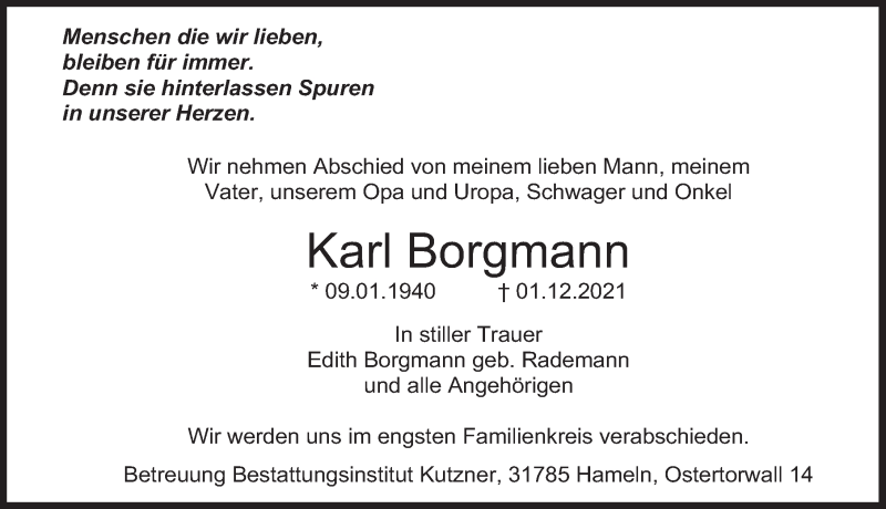  Traueranzeige für Karl Borgmann vom 04.12.2021 aus Deister- und Weserzeitung