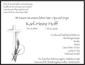 Traueranzeige von Karl-Heinz Hoff von Deister- und Weserzeitung