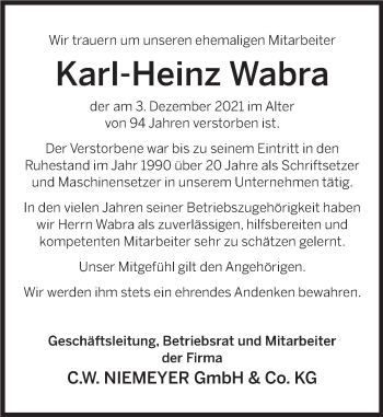 Traueranzeige von Karl-Heinz Wabra von Deister- und Weserzeitung