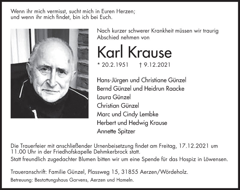  Traueranzeige für Karl Krause vom 15.12.2021 aus Deister- und Weserzeitung