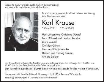 Traueranzeige von Karl Krause von Deister- und Weserzeitung