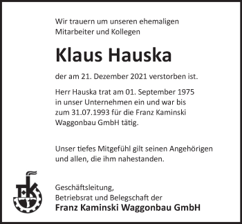 Traueranzeige von Klaus Hauska von Deister- und Weserzeitung