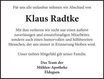 Traueranzeige von Klaus Radtke von Neue Deister-Zeitung