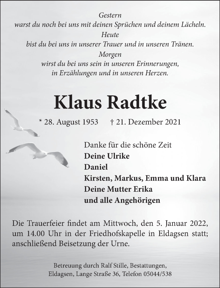  Traueranzeige für Klaus Radtke vom 31.12.2021 aus Neue Deister-Zeitung
