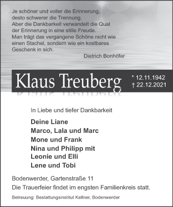 Traueranzeige von Klaus Treuberg von Deister- und Weserzeitung