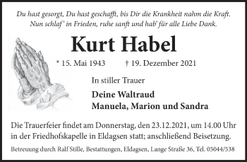 Traueranzeige von Kurt Habel von Neue Deister-Zeitung