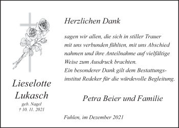 Traueranzeige von Lieselotte Lukasch von Deister- und Weserzeitung