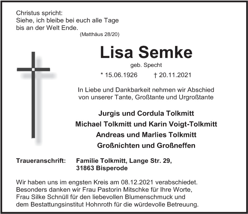  Traueranzeige für Lisa Semke vom 18.12.2021 aus Deister- und Weserzeitung