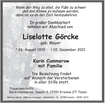 Traueranzeige von Liselotte Görcke von Deister- und Weserzeitung