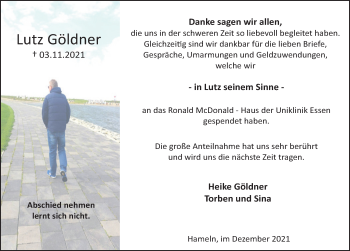 Traueranzeige von Lutz Göldner von Deister- und Weserzeitung