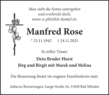 Traueranzeige von Manfred Rose von Neue Deister-Zeitung