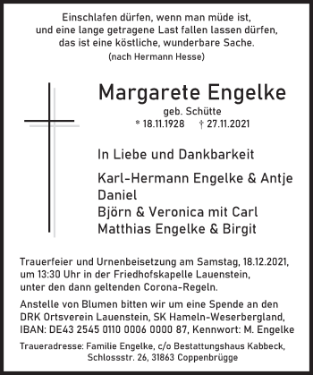 Traueranzeige von Margarete Engelke von Deister- und Weserzeitung