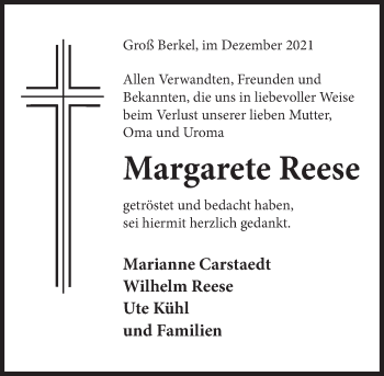 Traueranzeige von Margarete Reese von Deister- und Weserzeitung