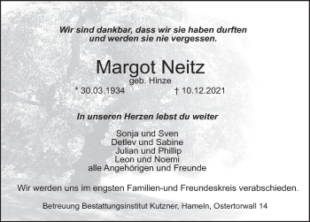 Traueranzeige von Margot Neitz von Deister- und Weserzeitung