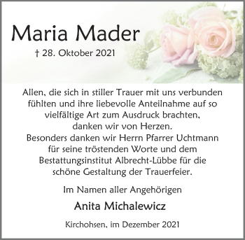 Traueranzeige von Maria Mader von Deister- und Weserzeitung