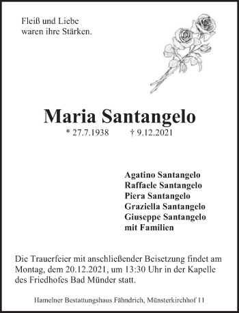 Traueranzeige von Maria Santangelo von Neue Deister-Zeitung