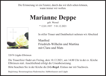Traueranzeige von Marianne Deppe von Deister- und Weserzeitung