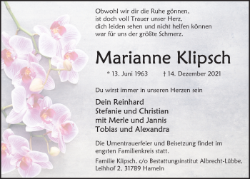 Traueranzeige von Marianne Klipsch von Deister- und Weserzeitung