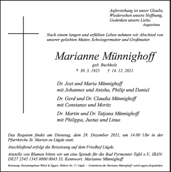 Traueranzeige von Marianne Münnighoff von Deister- und Weserzeitung