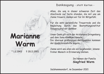 Traueranzeige von Marianne Warm von Deister- und Weserzeitung