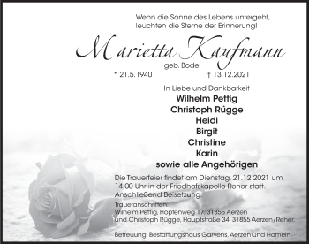 Traueranzeige von Marietta Kaufmann von Deister- und Weserzeitung