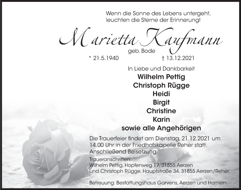  Traueranzeige für Marietta Kaufmann vom 18.12.2021 aus Deister- und Weserzeitung